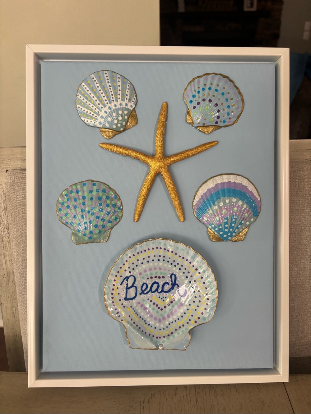 Beach Shell and Starfish Wall Art - Light Blue, Gold Accents